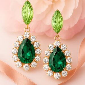 18K Gold Plated Crystal Dark Green & Light Green Zirconia Studded Earrings with Clear Accents - Drop