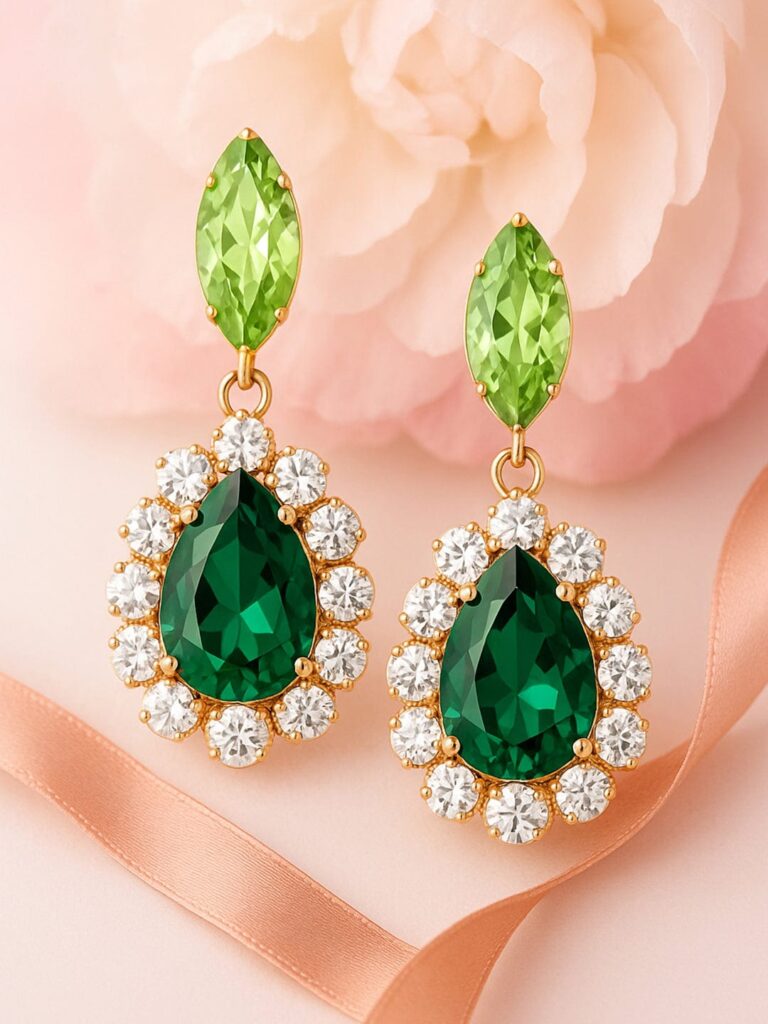 18K Gold Plated Crystal Dark Green & Light Green Zirconia Studded Earrings with Clear Accents - Drop