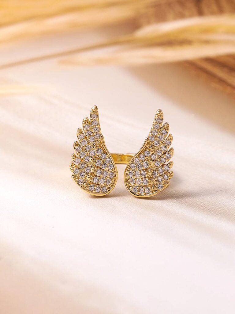 18K Gold Plated Cubic Zirconia Studded Openable Wing Design Finger Ring - Gold