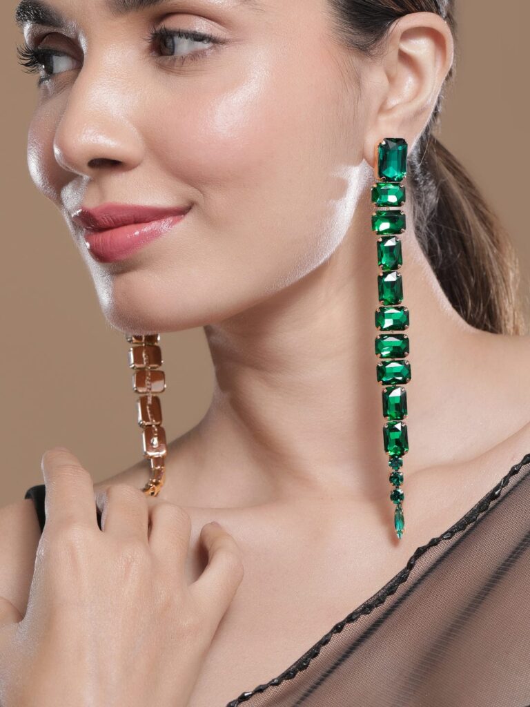 18K Gold Plated Emerald Green Studded Glamorous Shoulder Duster Drop Earrings - Drop