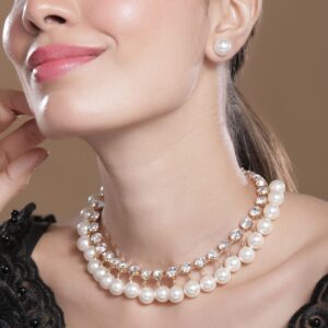 18K Gold Plated Luxurious Pearl & Zirconia Studded Statement Necklace Set - Gold