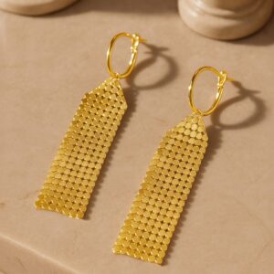 18K Gold Plated Mesh Dangle Earrings with Hoop Closure - Retro Disco-Inspired Design - Gold