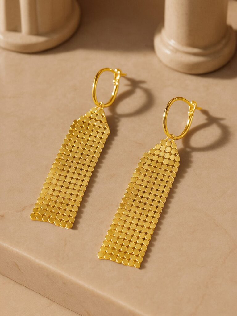 18K Gold Plated Mesh Dangle Earrings with Hoop Closure - Retro Disco-Inspired Design - Gold