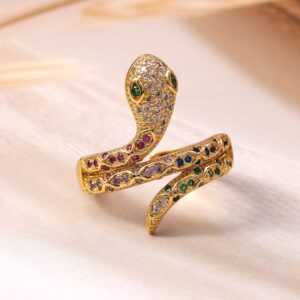 18K Gold Plated Multi-Stone & Cubic Zirconia Studded Snake Motif Adjustable Finger Ring - Gold