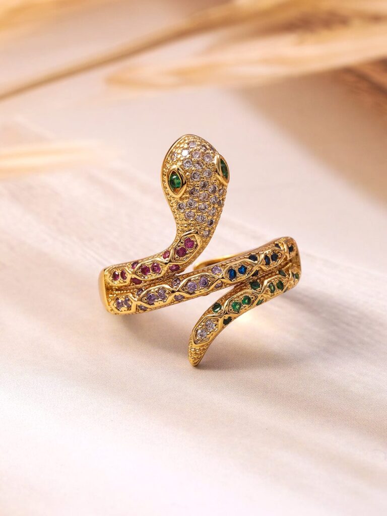 18K Gold Plated Multi-Stone & Cubic Zirconia Studded Snake Motif Adjustable Finger Ring - Gold