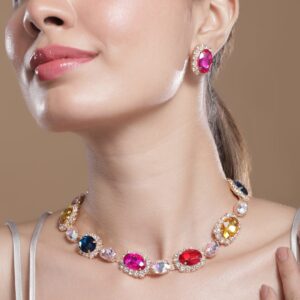 18K Gold Plated Multicolor Crystal AD & Zirconia Studded Statement Necklace Set - Gold