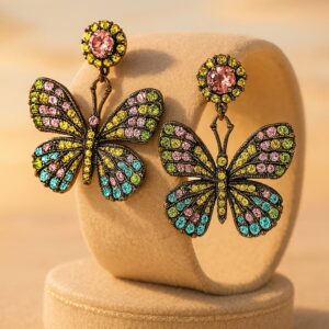 18K Gold Plated Multicolor Zirconia Stone Studded Statement Butterfly Drop Earrings - Gold