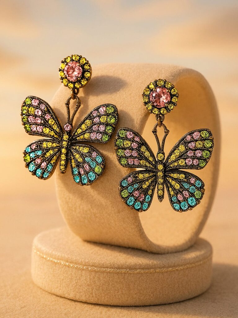 18K Gold Plated Multicolor Zirconia Stone Studded Statement Butterfly Drop Earrings - Gold