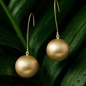 18K Gold Plated Round Sphere Drop Earrings with Long Wire Hook Design - Heart