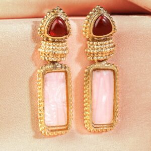 18K Gold Plated Ruby & Pale Pink Gemstone Studded Drop Earrings - Gold