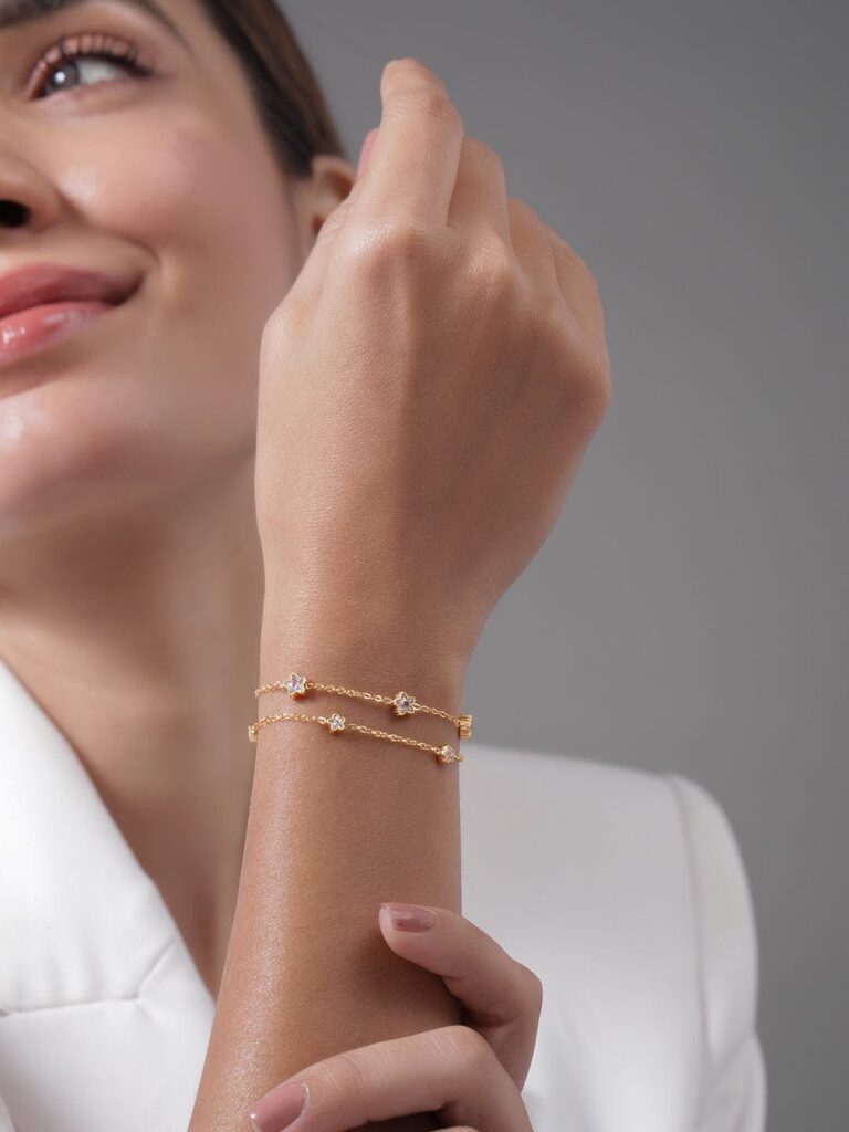 18K Gold Plated Stainless Steel Tarnish-Free Waterproof CZ Studded Double-Layer Bracelet - Gold