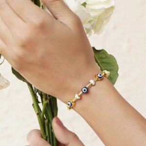 18K Gold-Plated Stainless Steel Tarnish-Free Waterproof Demi-Fine CZ Studded Evil Eye Charm Bracelet - Gold