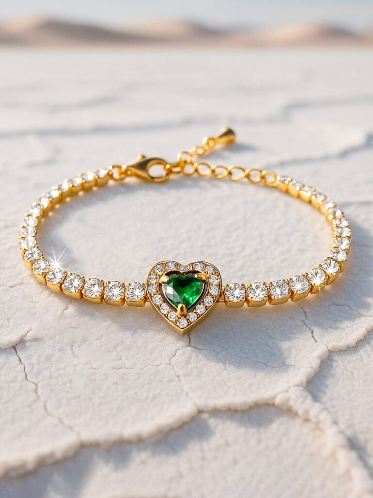 18K Gold-Plated Stainless Steel Tarnish-Free Waterproof Emerald & CZ Heart Bracelet - Gold