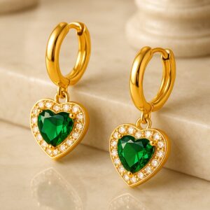 18K Gold Plated Stainless Steel Tarnish-Free Waterproof Emerald CZ Studded Drop Earrings - Gold