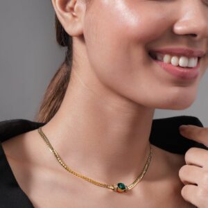 18K Gold Plated Stainless Steel Tarnish-Free Waterproof Emerald CZ Studded Necklace - Green