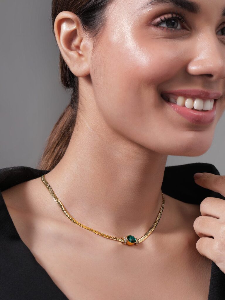 18K Gold Plated Stainless Steel Tarnish-Free Waterproof Emerald CZ Studded Necklace - Green