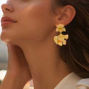 18K Gold Plated Stainless Steel Tarnish-Free Waterproof Sculptural Leaf Stud Earrings - Gold