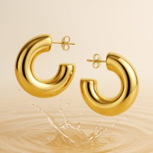 18KT Gold Plated Stainless Steel Tarnish-Free Waterproof Bold Hoop Earrings - Gold