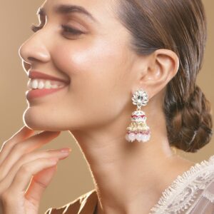 18KT Gold-Plated Stones Studded Beads Beaded Dome Shaped Jhumkas - Pink