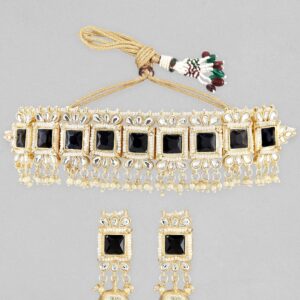 22K Gold-Plated Black Stone Kundan Choker Set with Pearls and Matching Jhumka Earrings - Gold