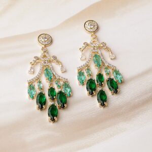 22K Gold-Plated Emerald & Aqua Green AD & Cubic Zirconia Studded Chandelier Earrings - Gold