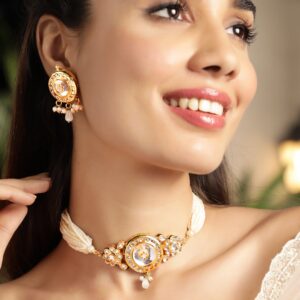 22K Gold plated Enamel And Kundan crystal with pearl beaded choker Necklace Set - Gold