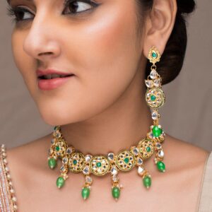 22K Gold-Plated Green & White Beaded Kundan Studded Choker Jewellery Set - Gold