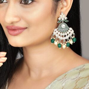 22K Gold-Plated Green & White Pearl Kundan Studded & Beaded Chandelier Earrings - Gold