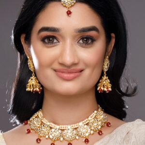 22K Gold-Plated Kundan-Studded Choker Necklace Set with Red Beads and Pearl Accents - Gold