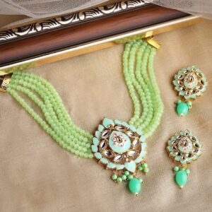 22K Gold-Plated Mint Green Beaded Choker Jewellery Set with Intricate Kundan Work - Gold