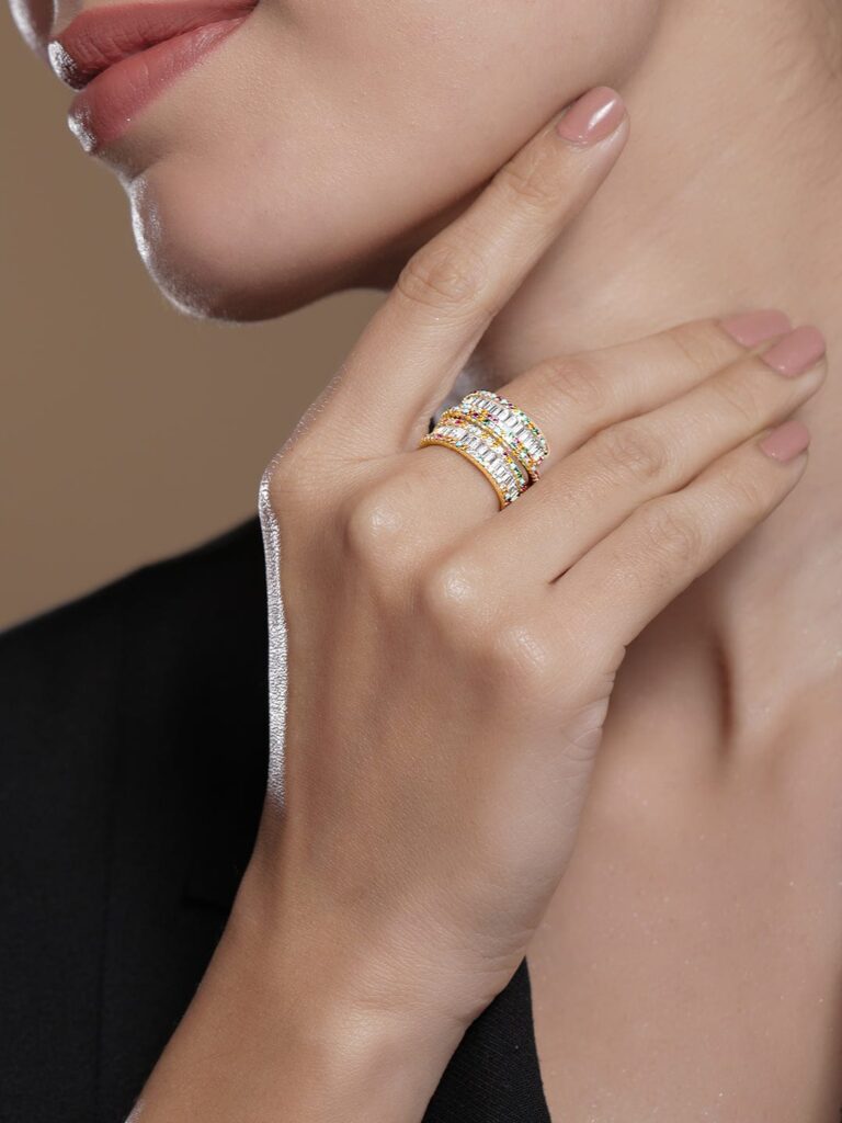 22K Gold Plated Multicolor AD & Cubic Zirconia Studded Adjustable Finger Ring - Gold