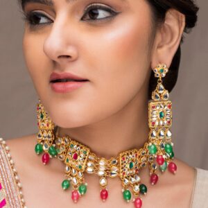 22K Gold-Plated Multicolor Kundan Choker Set with Red, Green, and White Beads - Gold