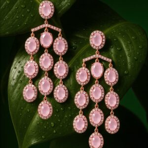 22K Gold-Plated Pastel Pink Crystal & Cubic Zirconia Studded Multilayer Chandelier Earrings - Gold