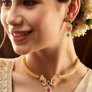22K Gold-Plated Ruby & Emerald CZ Stone Studded Elephant Motif Necklace Set - Gold