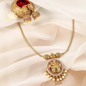 22K Gold-Plated Ruby, Emerald & CZ Studded Laxmi Temple Necklace Set with Pearl Drop - Gold