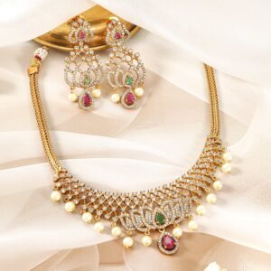 22K Gold-Plated Cubic Zicronia Studded & Pearls Beaded Lotus Motif Jewellery Set - Gold