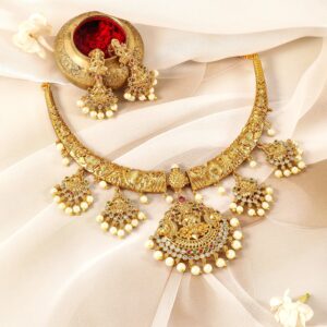 22K Gold-Plated Ruby, Emerald & CZ Studded Pearl Drops Lakshmi Temple Necklace Set - Gold
