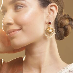 22K Gold Plated Ruby & Pearl Studded & Beaded Handcrafted Traditional Chandbali Earrings - Gold