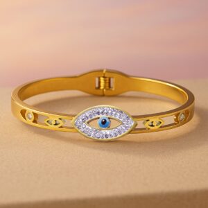 22K Gold Plated Stainless Steel Tarnish-Free Waterproof Evil Eye CZ Bracelet - Gold Plated