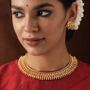 22K Gold Plated Studded Teample Necklace Set - Gold