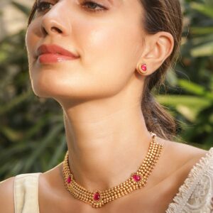 22KT Gold Plated Brass Red Stone Studded Necklace Set - Green