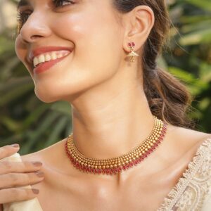 22KT Gold Plated Brass Red Stone Studded Necklace Set - Red