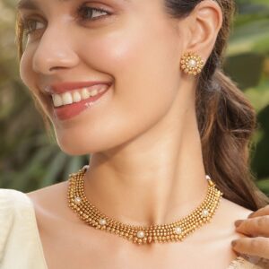 22KT Gold Plated Brass White Stone Studded Necklace Set - Gold