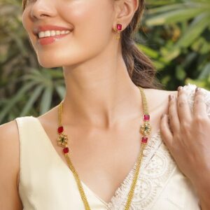 22KT Gold Plated Ruby Stone Studded Beaded Necklace And Earrings - Pink