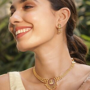 22KT Gold-Plated Stone-Studded Necklace Set - Gold