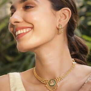 22KT Gold-Plated Stone-Studded Necklace Set - Green