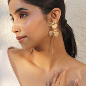 22KT Gold-Plated Stones Studded Floral Drop Earrings - Gold