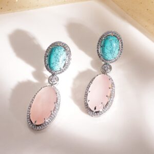 Premium Rhodium Plated Aqua Turquoise and Pink Gemstone Studded Dangle Earrings - Multicolor