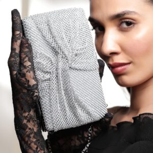 Grey With Dazzling Crystal Zirconia Embellished Contemporary Clutch handbag - Silver