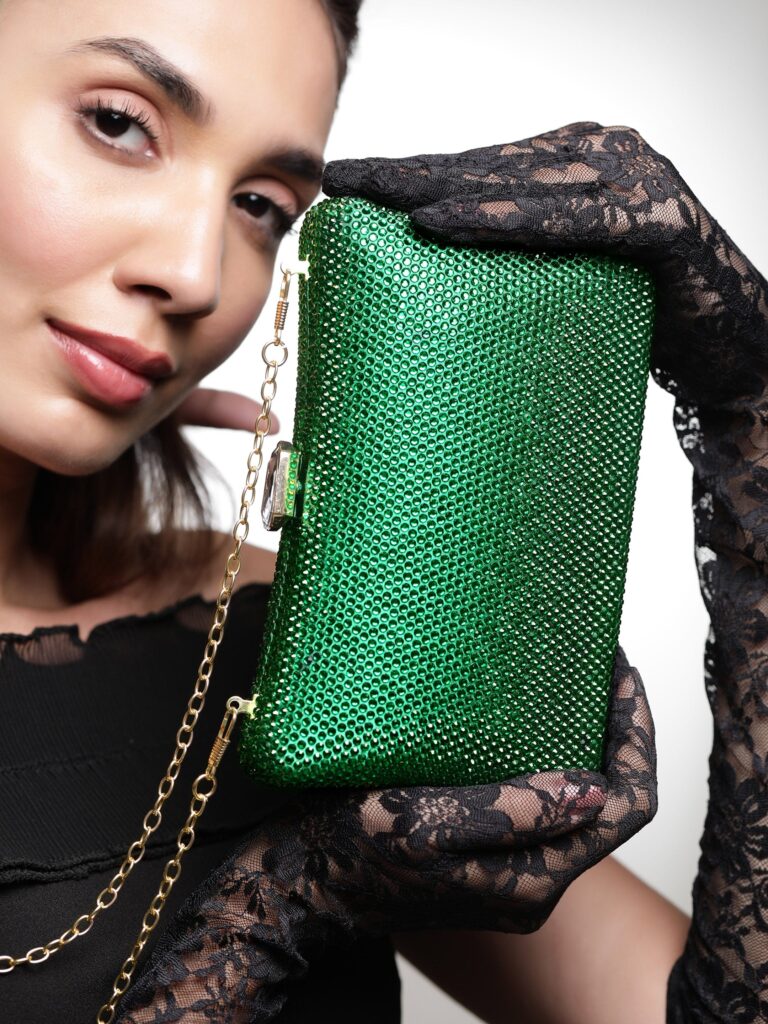 Green With Dazzling Crystal Zirconia Embellished Contemporary Clutch handbag - Green